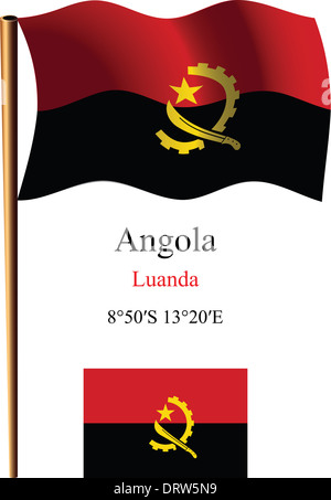 Angola bandiera ondulata e coordinate contro uno sfondo bianco, arte vettoriale illustrazione, immagine contiene la trasparenza Foto Stock