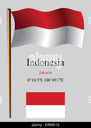 Indonesia bandiera ondulata e coordinate contro uno sfondo grigio, arte vettoriale illustrazione, immagine contiene la trasparenza Foto Stock