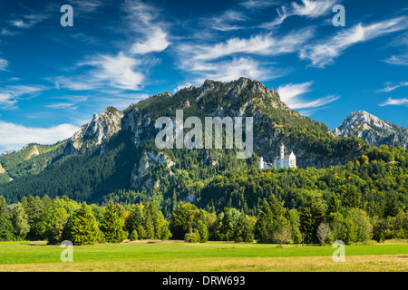 Il Castello di Neuschwanstein nelle alpi bavaresi della Germania. Foto Stock