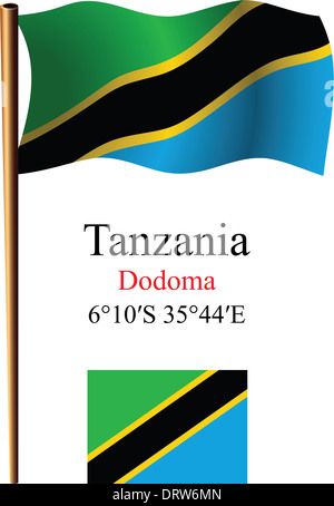 Tanzania bandiera ondulata e coordinate contro uno sfondo bianco, arte vettoriale illustrazione, immagine contiene la trasparenza Foto Stock