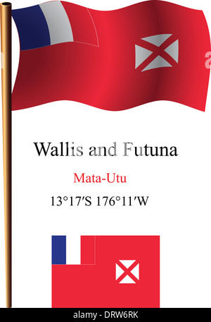 Wallis e Futuna bandiera ondulata e coordinate contro uno sfondo bianco, arte vettoriale illustrazione, immagine contiene la trasparenza Foto Stock