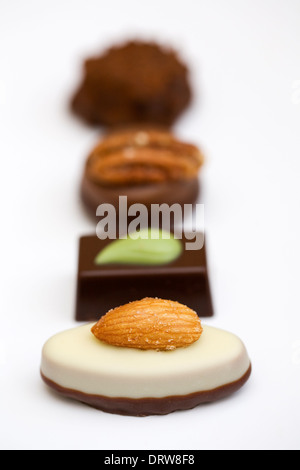 Quattro cioccolatini di lusso su uno sfondo bianco. Foto Stock