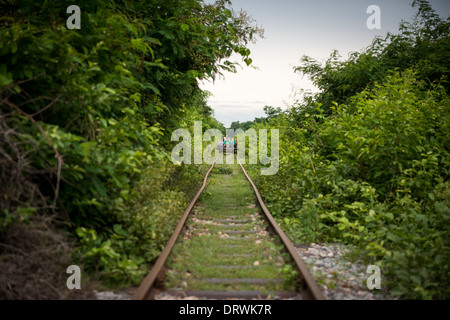 Una delle attrazioni turistiche di Battambang è abbandonare la ferrovia, la gente del luogo reso treno di bambù per utilizzare il trasporto. Cambogia Foto Stock