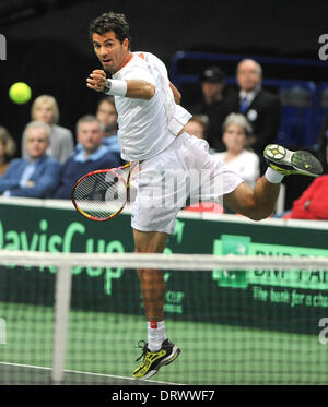 Ostrava, Repubblica Ceca. Il 1° febbraio 2014. Rojer Jean-Julien dai Paesi Bassi svolge durante la sua Coppa Davis primo round raddoppia il match con Robin Haase contro Tomas BERDYCH e Radek STEPANEK: risultati nei dalla Repubblica ceca in Ostrava, Repubblica Ceca, sabato, 1 febbraio 2014. Credito: Jaroslav Ozana/CTK foto/Alamy Live News Foto Stock