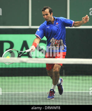Ostrava, Repubblica Ceca. Il 1° febbraio 2014. Radek STEPANEK: risultati nei dalla Repubblica ceca restituisce durante la sua Coppa Davis primo round raddoppia il match con Tomas BERDYCH contro Robin Haase e Jean-Julien Rojer dai Paesi Bassi a Ostrava, Repubblica Ceca, sabato, 1 febbraio 2014. Credito: Jaroslav Ozana/CTK foto/Alamy Live News Foto Stock
