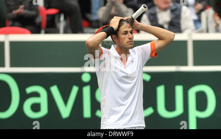 Ostrava, Repubblica Ceca. Il 1° febbraio 2014. Robin Haase (nella foto) dai Paesi Bassi svolge con Jean-Julien Rojer durante la loro Coppa Davis primo round dobles match contro Tomas BERDYCH e Radek STEPANEK: risultati nei dalla Repubblica ceca in Ostrava, Repubblica Ceca, sabato, 1 febbraio 2014. Credito: Jaroslav Ozana/CTK foto/Alamy Live News Foto Stock