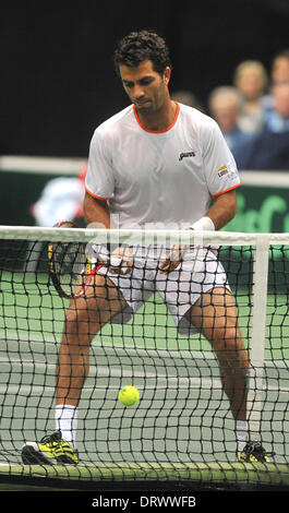 Ostrava, Repubblica Ceca. Il 1° febbraio 2014. Rojer Jean-Julien (nella foto) dai Paesi Bassi svolge con Robin Haase durante la Coppa Davis primo round raddoppia il match contro Tomas BERDYCH e Radek STEPANEK: risultati nei dalla Repubblica ceca in Ostrava, Repubblica Ceca, sabato, 1 febbraio 2014. Credito: Jaroslav Ozana/CTK foto/Alamy Live News Foto Stock