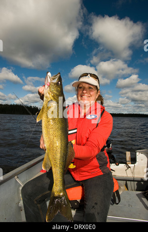 Donna pescatore tenendo l'estate walleye ha catturato nel nord Ontario, Canada. Foto Stock