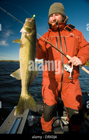 Il pescatore con in mano una enorme walleye d'estate. Foto Stock