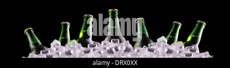Bottiglie di birra sul ghiaccio su sfondo nero Foto Stock