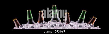 Bottiglie di birra sul ghiaccio su sfondo nero Foto Stock