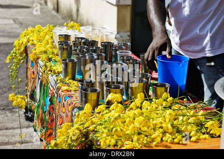 Il rifornimento di acqua fredda in calici d'argento per adoratori durante il Thaipoosam festa religiosa, Mauritius. Foto Stock