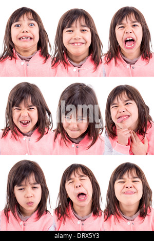 Funny giovane ragazza realizzare diverse facce isolato in bianco Foto Stock