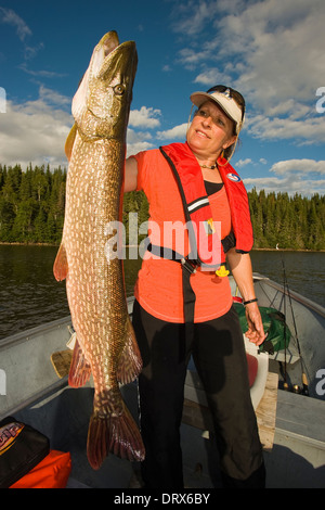 Donna pescatore cercando di tenere un grosso luccio del nord ha catturato da una barca sul lago nel nord Ontario, Canada Foto Stock