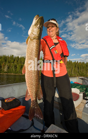 Donna pescatore cercando di tenere un grosso luccio del nord ha catturato da una barca sul lago nel nord Ontario, Canada Foto Stock