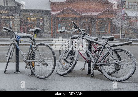 Coperta di neve bici durante una raffica di neve nella strada principale di Banff, Alberta, Canada Foto Stock