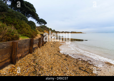 La sabbia, ciottoli e pennelli a Lepe Beach. Foto Stock