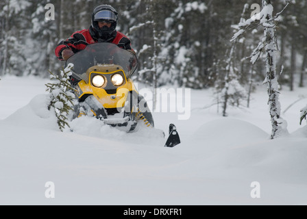 Un uomo snowmobiling su un sentiero nella parte posteriore paese d'inverno. Foto Stock