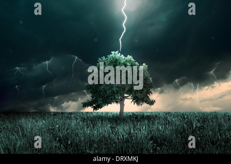 Tempesta di tunder e illuminazione al di sopra della struttura ad albero da soli Foto Stock