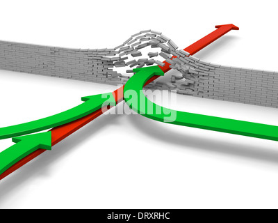 Freccia rossa rompere attraverso la parete seguita da verde seguaci, concetto di successo e leadership Foto Stock