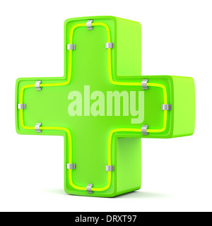 Croce Verde con luce al neon isolato su sfondo bianco. 3d illustrazione Foto Stock