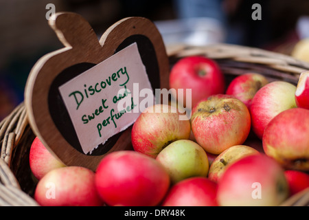 Raccolte a mano scoperta mele per vendita a Stroud Mercato degli Agricoltori, GLOUCESTERSHIRE REGNO UNITO Foto Stock