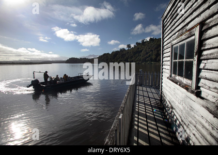 Okarito tour in barca lascia il wharf a Okarito, vicino a Franz Josef, Nuova Zelanda Foto Stock
