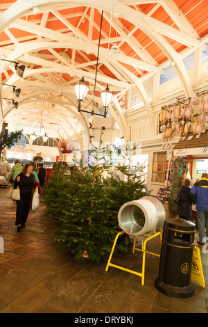 People shopping in Oxford il Mercato Coperto, alberi di Natale sono pronti per essere acquistati. Foto Stock