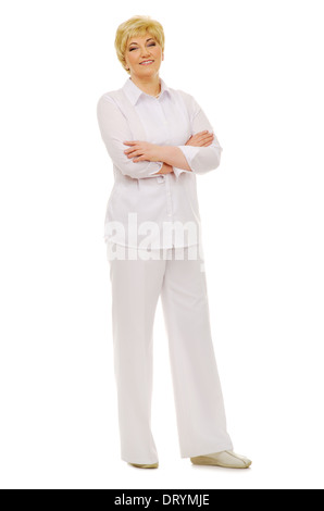 Felice senior permanente donna isolato Foto Stock