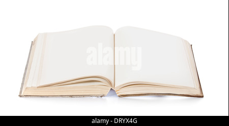 Vecchio libro aperto con pagine vuote. Tutto su sfondo bianco. Foto Stock