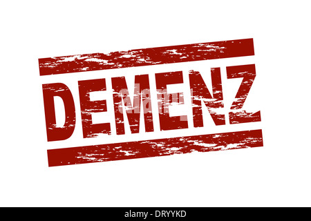 Stilizzata francobollo rosso mostra il termine tedesco Demenz (in inglese demenza). Tutto su sfondo bianco. Foto Stock
