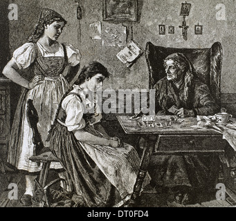 A fortune teller's house. Incisione di Walla. L'illustrazione, 1885. Foto Stock