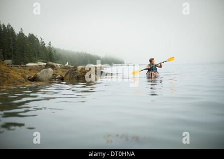 Lo stato di New York STATI UNITI D'AMERICA uomo canoa kayak su acqua calma misty condizioni Foto Stock