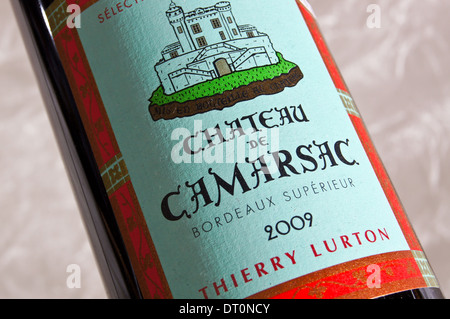 Close-up di l'etichetta di un vino Chateau de Camarsac, Bordeaux claret Foto Stock