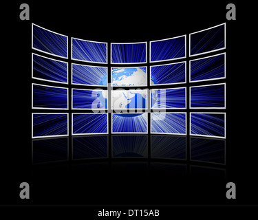 Grande pannello della TV che mostra una presentazione con il pianeta terra Foto Stock