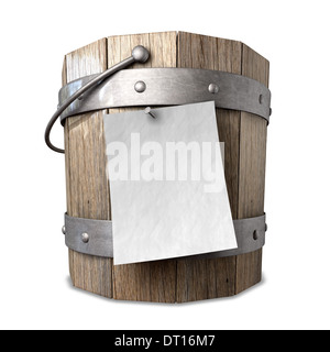 Un vintage in legno elenco della benna con anello metallico supporta e di una maniglia e di una carta bianca attaccata Foto Stock