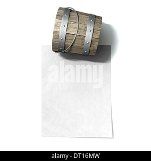 Vintage un secchio di legno con anello metallico supporta e una maniglia in appoggio su una carta bianca su un sfondo isolato Foto Stock