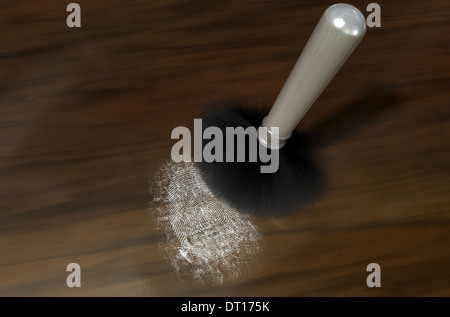 Una scena del crimine pennello nero favoriscono la formazione di polvere di talco in polvere rivelando e un marchio di impronte digitali su una superficie in legno Foto Stock
