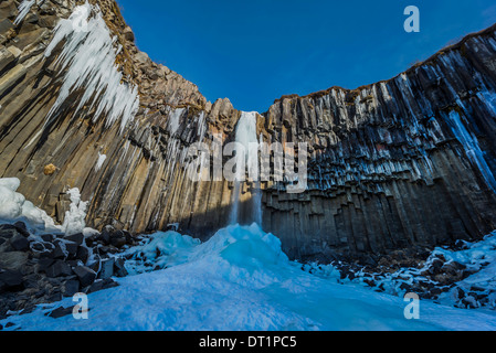Svartifoss (nero cade) in inverno, Skaftafell, Vatnajokull National Park, Islanda Svartifoss è circondato da colonne di basalto. Foto Stock