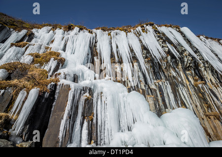 Svartifoss (nero cade) in inverno, Skaftafell, Vatnajokull National Park, Islanda Svartifoss è circondato da colonne di basalto. Foto Stock