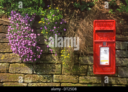 Rosso brillante British Post Box, nel villaggio di Eaton da Tarporley, Cheshire, Inghilterra, Regno Unito Foto Stock