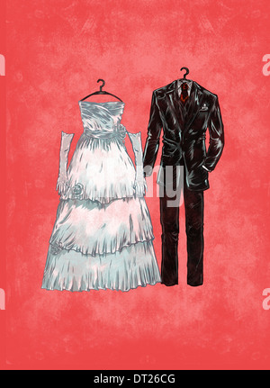 Immagine illustrativa della tuta e abito da sposa contro lo sfondo rosso Foto Stock