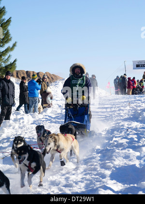 Merlin Coy di fiume Ferro, WI set off sul suo dieci-classe dog sled gara di domenica, 2 feb 2014. Scene da apostolo Isole Sled Foto Stock