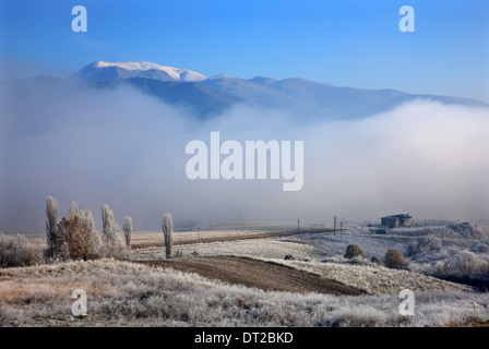 La mattina presto il gelo da qualche parte vicino alla città di Neapolis, Kozani, Macedonia, Grecia. In background, Askio (o "iniatsiko') mountain Foto Stock