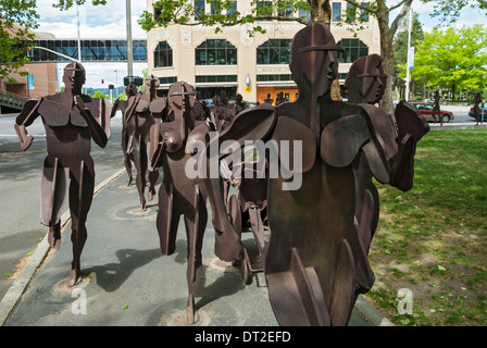 Washington, Spokane,"la gioia di correre insieme' scultura di metallo installazione dell'artista David Govedare, 1985 Foto Stock