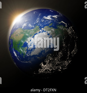 Tramonto su emisfero nord del pianeta Terra. Ad alto dettaglio pianeta superficie con luci della citta'. Gli elementi di questa immagine fornita dalla NASA. Foto Stock