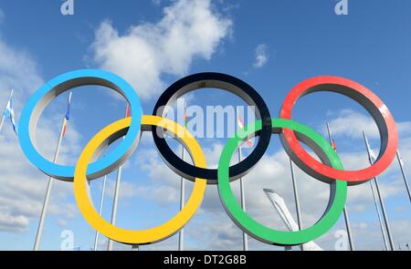 Sochi, Russia. 06 feb 2014. Gli anelli olimpici nel parco. Parco Olimpico. Sochi, Russia. 06/02/2014: Credito Sport In immagini/Alamy Live News Foto Stock