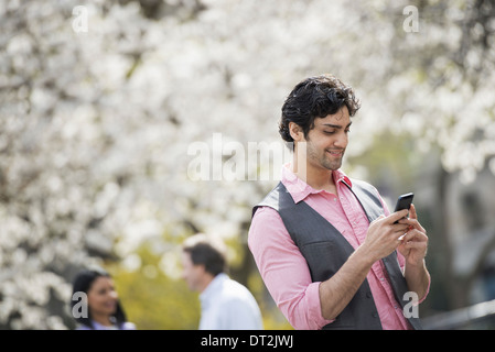 La gente all'aperto nella città in primavera i fiori bianchi su alberi un giovane uomo di controllare il suo telefono cellulare Foto Stock