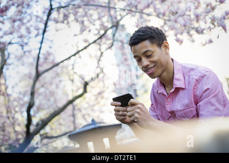 Un giovane uomo nel Parco in primavera utilizzando un telefono cellulare Foto Stock