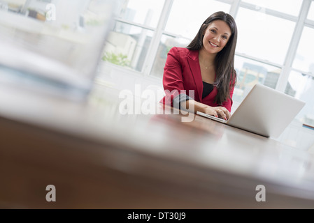 Una giovane donna comodamente seduto in una tranquilla arioso ambiente office utilizzando un computer portatile Foto Stock